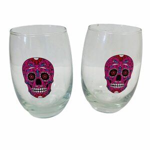2 NEW Mikonos Stemless Wine Glasses Sugar Skull